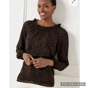 Talbots Top Smocked Neck Leopard Dot Brown Metallic Ruffle Chiffon MP Boho